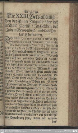 Die XXIII. Betrachtung, Von des Pilati Zeugnüß über der Unschuld Christi: Ingleichen der Jüden Gewonheit, und des Pilati Ehefrauen
