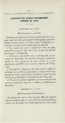 Agrégation des sciences mathématiques (concours de 1880).