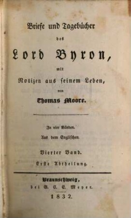 Briefe und Tagebücher des Lord Byron : mit Notizen aus seinem Leben ; in vier Bänden. 4,1