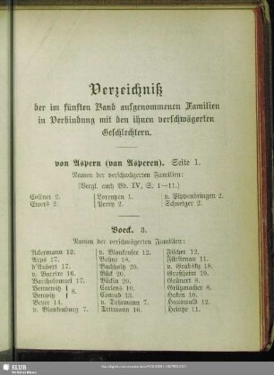 Verzeichniß der im fünften Band aufgenommenen Familien in Verbindung mit den ihnen verschwägerten Geschlechtern