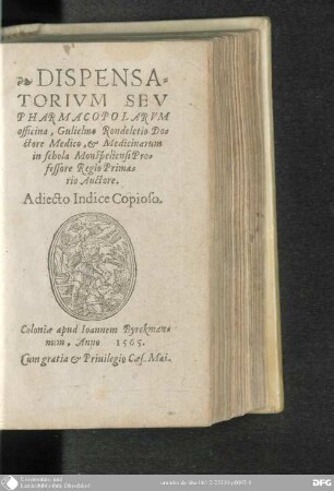Dispensatorium sev [seu] pharmacopolarum officina : adiecto indice copioso