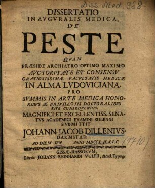 Dissertatio Inavgvralis Medica, de Peste