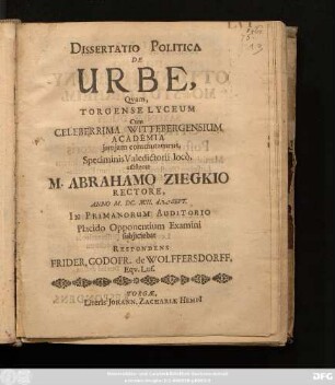 Dissertatio Politica De Urbe