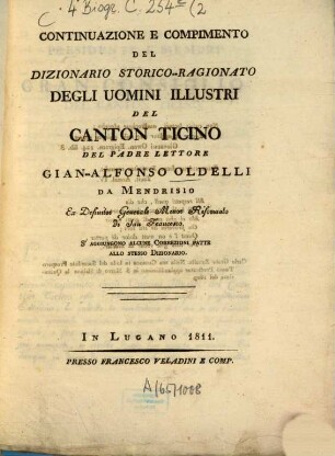 Dizionario storico-ragionato degli uomini illustri del canton ticino. [2.] Continuazione e compimento. - 1811. - IV, 87 S.