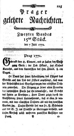 Zweyten Bandes 15tes Stück. den 7 Julii 1772.