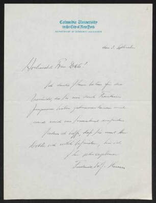 Brief von Frederick W. J. Heuser von Columbia University / Department of Germanic Languages  an Margarete Hauptmann