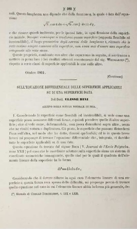Sull'equazione differenziale delle superficie applicabili su di una superficie data.