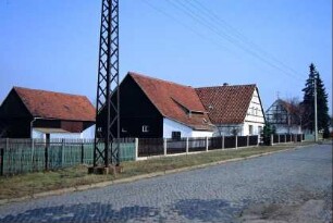 Dorfstraße mit Häusern, Gärten und Staketenzäune