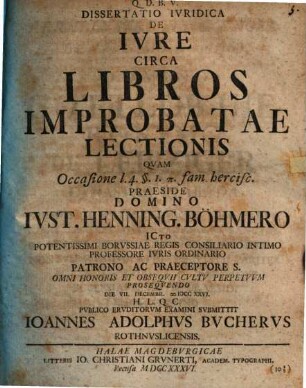 Dissertatio ivridica De ivre circa libros improbatae lectionis