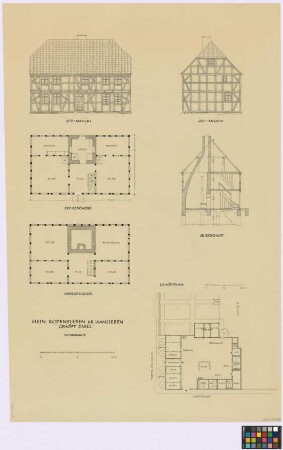 Klein Rodensleben (Kreis Wanzleben): Gehöft Zabel. Lageplan mit Wohnhaus (Grundriss), Stall (Grundriss), Pferde- und Kuhstall (Grundriss), Scheune (Grundriss), Abort (Grundriss), Dung (Umriss), Laube (Grundriss). - Wohnhaus (Süd-Seiten-Ansicht, Ost-Giebel-Ansicht, Grundriss des Erdgeschosses, Grundriss des Obergeschosses, Querschnitt)
