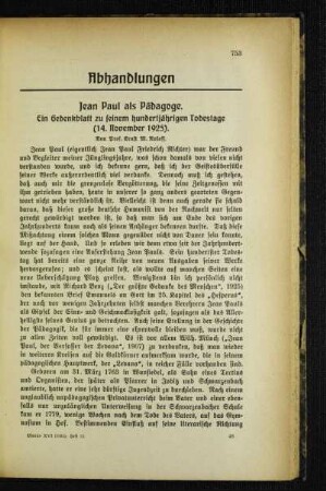 Jean Paul als Pädagoge : ein Gedenkblatt zu seinem hundertjährigen Todestage (14. November 1925)