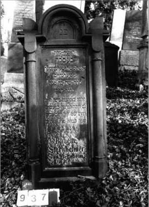 Grabstein 937 (Index: 99802612) Material: Sandstein Zustand: gut Maße HxBxT: 160x72x25 cm Beschreibung: Sockel, Stele mit verdachtem eingezogenem Rundbogen, Seitenakroterien, zwei Halbsäu Besonderheit: Endreim: Grabstein 937