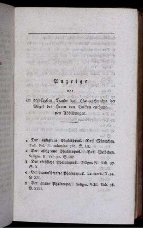 Anzeige der im dreyßigsten Bande der Naturgeschichte der Vögel des Herrn von Buffon enthaltenen Abbildungen. [Plates siehe arabische Paginierung]