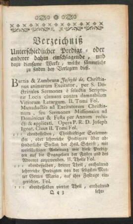 Verzeichniß Unterschiedlicher Predigt- oder anderer dahin einschlagende, ...