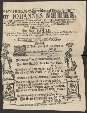 Als Der ... [H]err Johannes Fecht/ ... Heil. Schrifft höchst berühmter Doctor, auff hiesiger Universität weitberühmter Prof. Publ. ... Consistorial-Rath und des Rostockischen Districts hochmeritirter Superintendens, und der gantzen Academie ... Senior ... 5. Maji ... entschlaffen/ und darauff dessen Cörper ... zu seiner Ruhestätte in St. Johannis Kirchen den 25. Junii gebracht ward/ Wolten zu Bezeugung ihrer schuldigen Condolense nachfolgende Zeilen entwerffen Die Sämmtliche allhie Studierende Rostocker