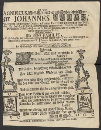 Als Der ... [H]err Johannes Fecht/ ... Heil. Schrifft höchst berühmter Doctor, auff hiesiger Universität weitberühmter Prof. Publ. ... Consistorial-Rath und des Rostockischen Districts hochmeritirter Superintendens, und der gantzen Academie ... Senior ... 5. Maji ... entschlaffen/ und darauff dessen Cörper ... zu seiner Ruhestätte in St. Johannis Kirchen den 25. Junii gebracht ward/ Wolten zu Bezeugung ihrer schuldigen Condolense nachfolgende Zeilen entwerffen Die Sämmtliche allhie Studierende Rostocker