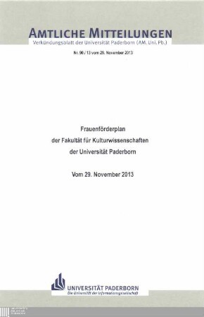 Frauenförderplan der Fakultät für Kulturwissenschaften der Universität Paderborn : vom 29. November 2013