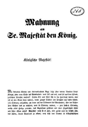 Mahnung an Se[ine] Majestät den König.