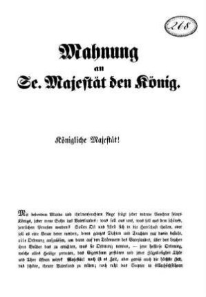 Mahnung an Se[ine] Majestät den König.