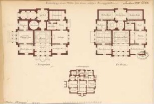 Villa für einem Junggesellen Monatskonkurrenz Januar 1878: Grundriss Keller, Erdgeschoss, Obergeschoss; Maßstabsleiste