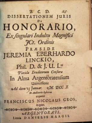 Dissertationem jvris de honorario