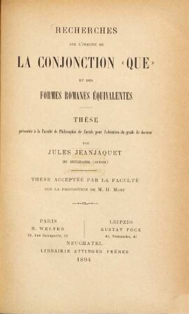 Recherches sur l'origine de la conjonction "que" et des formes romanes équivalentes