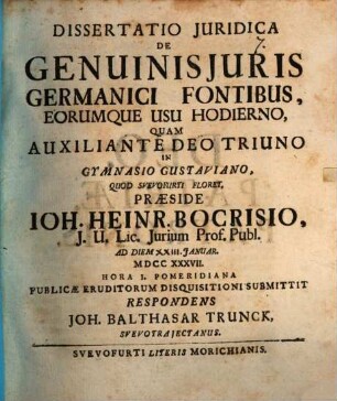 Dissertatio juridica de genuinis juris Germanici fontibus, eorumque usu hodierno