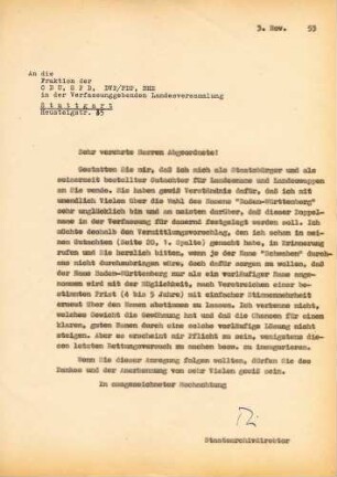 Appell des Stuttgarter Archivdirektors Dr. Dr. Miller an die Fraktionen in der Verfassunggebenden Landesversammlung für den Namen Schwaben