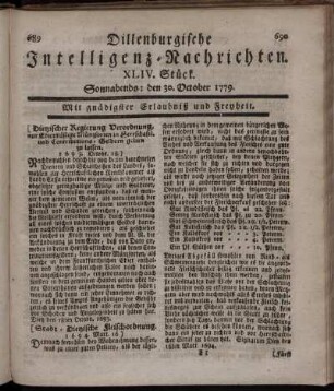 XLIV. Stück. Sonnabends: den 30. October 1779.