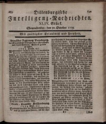 XLIV. Stück. Sonnabends: den 30. October 1779.