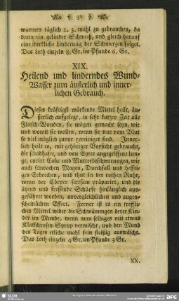 XIX. Heilend und linderndes Wund-Wasser zum äußerlich und innerlichen Gebrauch