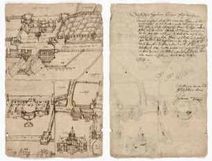Fahre, Entwürfe für ein Lustschloss bei der Herberge (recto), Schriftstück von Johannes Finckius (verso)