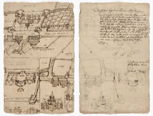 Fahre, Entwürfe für ein Lustschloss bei der Herberge (recto), Schriftstück von Johannes Finckius (verso)