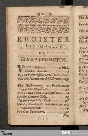 Register des Inhalts der Hauptpuncten.