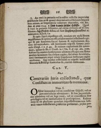 Cap. V. De Contrariis iuris collectandi, quae Consistunt in immunitate & exemtione.