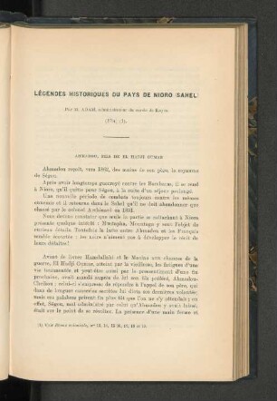 Légendes historiques du Pays de Nioro (Sahel), par M. G. Adam, administrateur de Kayes (suite).