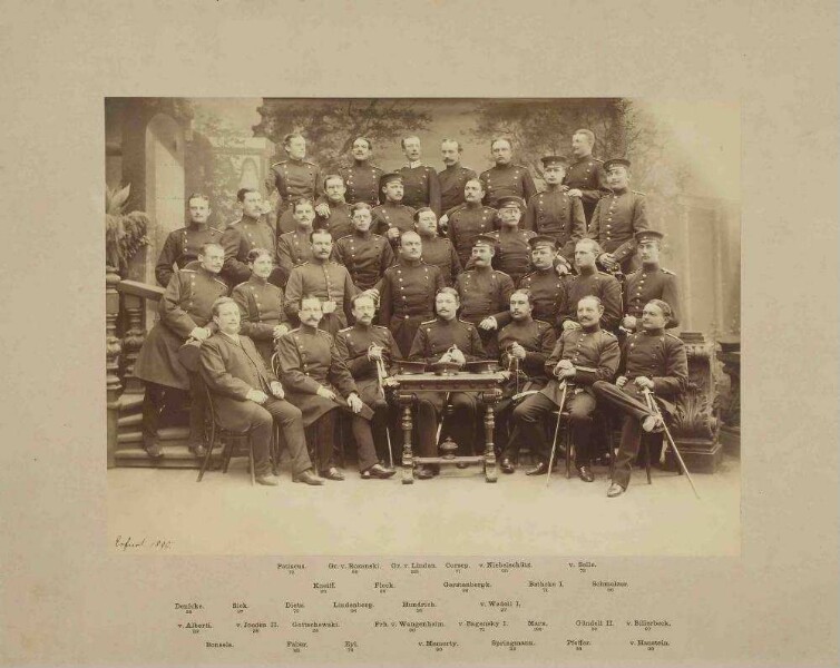 Kriegsschule Erfurt, Lehrgangsteilnehmer und Lehrer (32 Personen), teils stehend, teils sitzend in Fotoatelier mit gemalter Kulisse