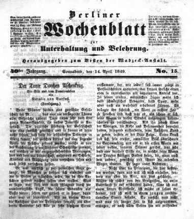 No. 15, Sonnabend, den 14. April 1849.