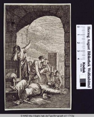Biblische Szene: ein Mann unter einem Torbogen am Boden liegend, die Umstehenden zeigen Trauer und Verzweiflung.