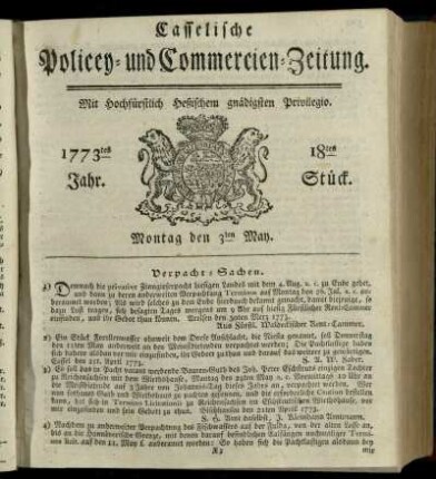 18tes Stueck, Montag den 3ten May 1773