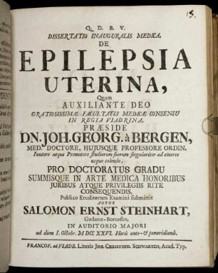 Dissertatio Inauguralis Medica, De Epilepsia Uterina