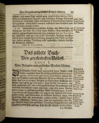 Cap. I. Von Religion und geistlicher Sachen Ubung. - Cap. IV. Vom Priester-Amt mit Vorsorge der Armen / Allmosen / Krancken / Hospithal und Haußbesuchungen / auch wegen Verlobt- und Eheleuten samt Kirchen-Gewalt und Buß-Zucht / endlich mit Leich-Predigten und Christen Gelübde Auffsicht.