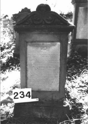 Grabstein 234 (Index: 100082185) Material: Sandstein, weiße Marmorplatte Zustand: beschädigt, verwittert mit Textverlust Maße HxBxT: 101x60x30 cm Beschreibung: Stele, profiliert. Sockel, Volutenaufsatz m. Mittelakroter, rechteck. Schriftplatte Symbolik: Voluten, Blüten, Ranken: Grabstein 234 (2)