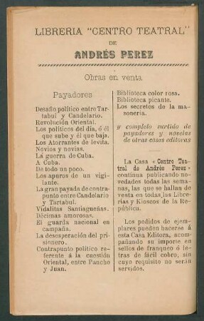 [Publicidad de la] Librería "Centro Teatral" de Andrés Perez : Obras en venta. Payadores