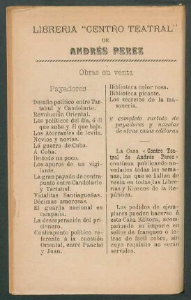 [Publicidad de la] Librería "Centro Teatral" de Andrés Perez : Obras en venta. Payadores