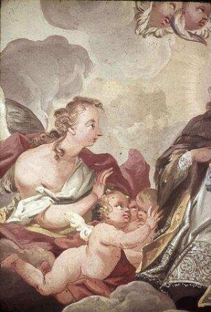 Auf Wolken knieender Heiliger, von Engeln umgeben