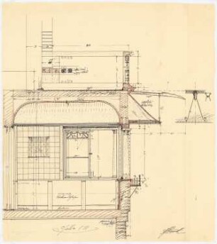 Einfamilienhaus, Berlin (?): Schnitt durch Wintergarten (Halle) und Balkon 1:10; Detail 1:10: Vorderansicht der Regenrinne
