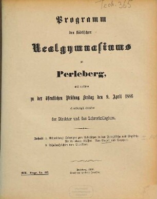 Programm des Städtischen Realgymnasiums zu Perleberg : zum Schuljahr .... 1885/86