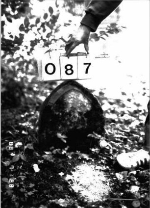 Grabstein 87 (Index: 100101306) Material: Sandstein Zustand: völlig abgeblättert Maße HxBxT: 37x32x8 cm Beschreibung: Stele, Spitzbogenabschluß, Schriftfeld: Grabstein 87
