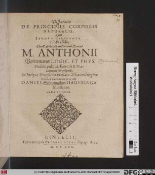 Disputatio De Principiis Corporis Naturalis